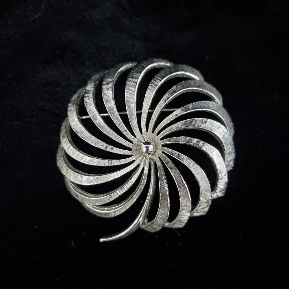 Vintage Monet Large Brushed Silver Spiral Flower Brooch Pin